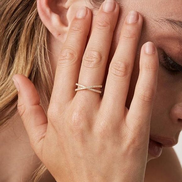 Sterling Silver CZ Gold X Ring Criss Cross Ring Cubic Zirconia 14K Gold Plated - Picture 1 of 4